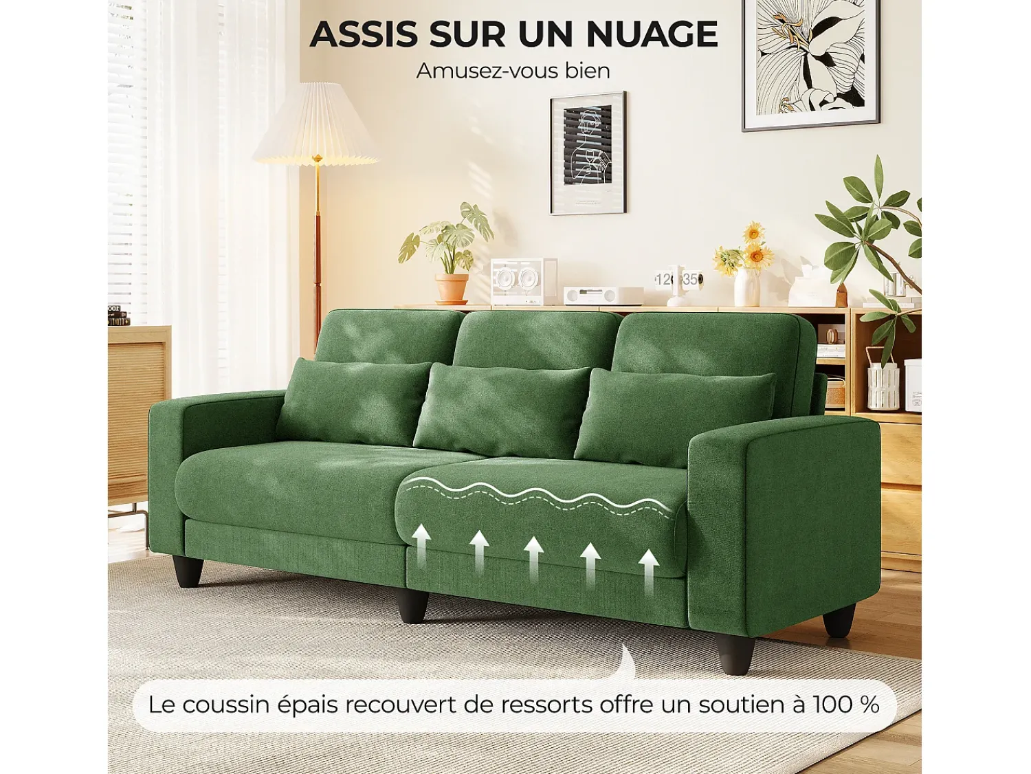 Sofá|DripeX Sofá 3 lugares em tecido chenille - com 3 almofadas - capa removível lavável - 220x81x88cm Verde