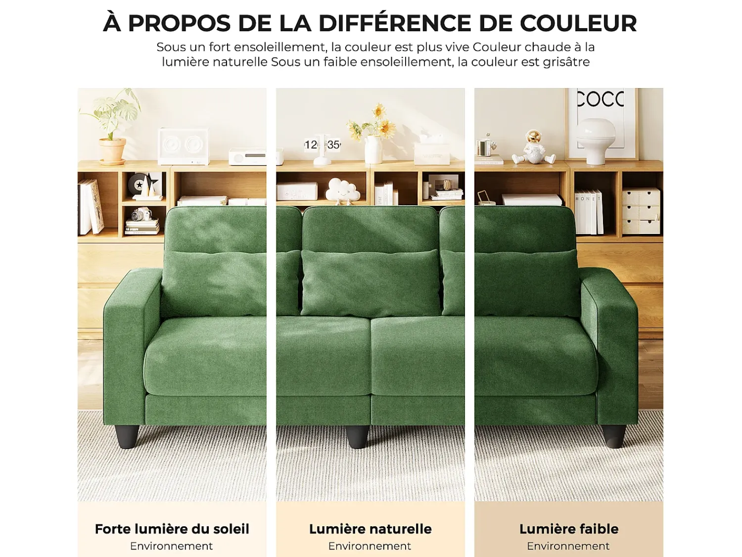 Sofá|DripeX Sofá 3 lugares em tecido chenille - com 3 almofadas - capa removível lavável - 220x81x88cm Verde