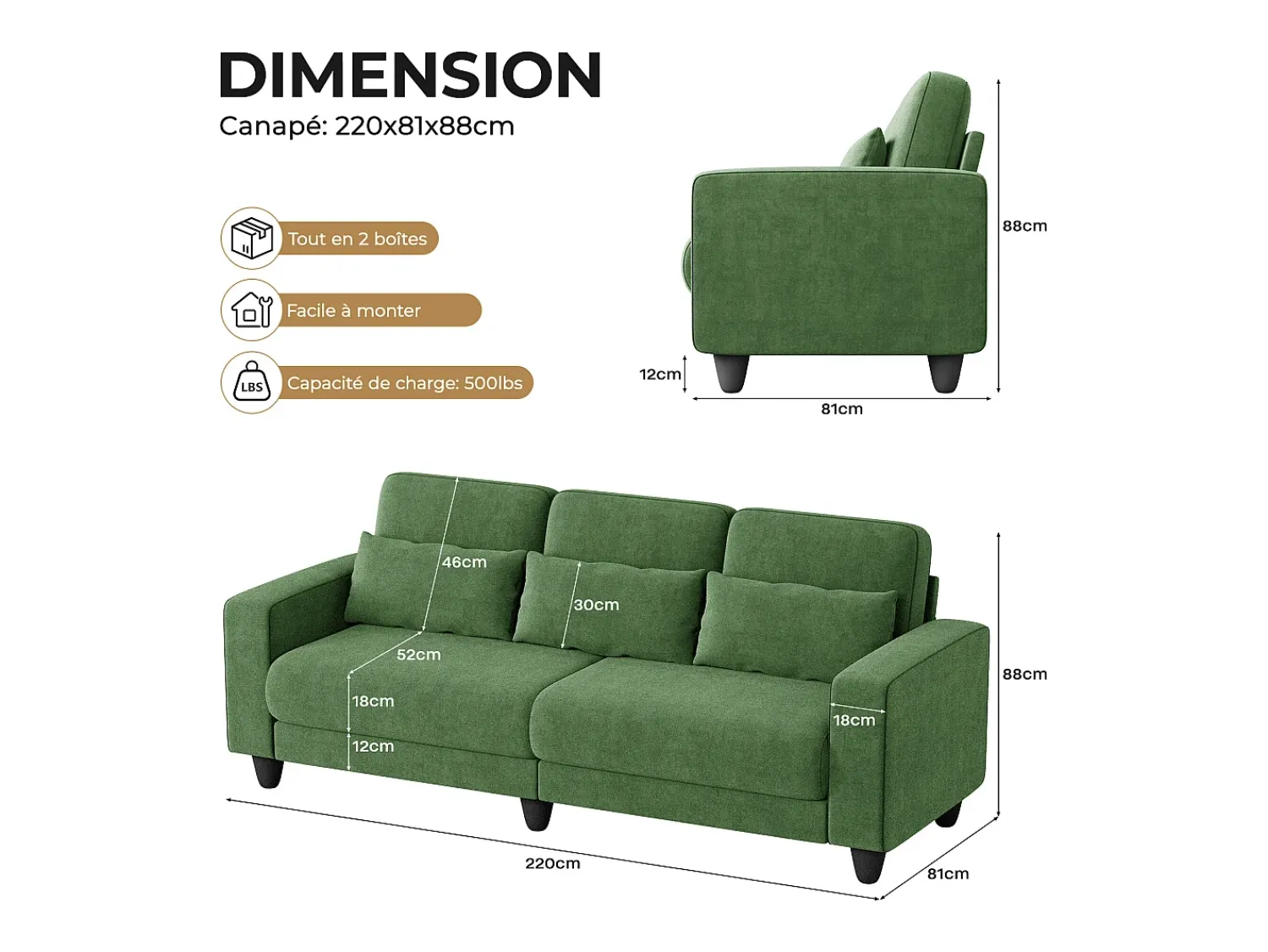 Sofá|DripeX Sofá 3 lugares em tecido chenille - com 3 almofadas - capa removível lavável - 220x81x88cm Verde