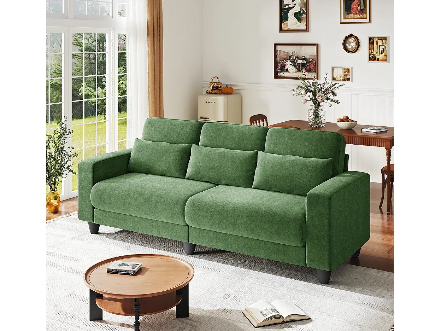 Sofá|DripeX Sofá 3 lugares em tecido chenille - com 3 almofadas - capa removível lavável - 220x81x88cm Verde