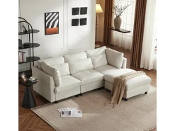Sofá|DripeX Sofá 3 lugares em tecido de linho, com puff, 3 almofadas lombares e 2 almofadas, 220x83x81cm, Bege