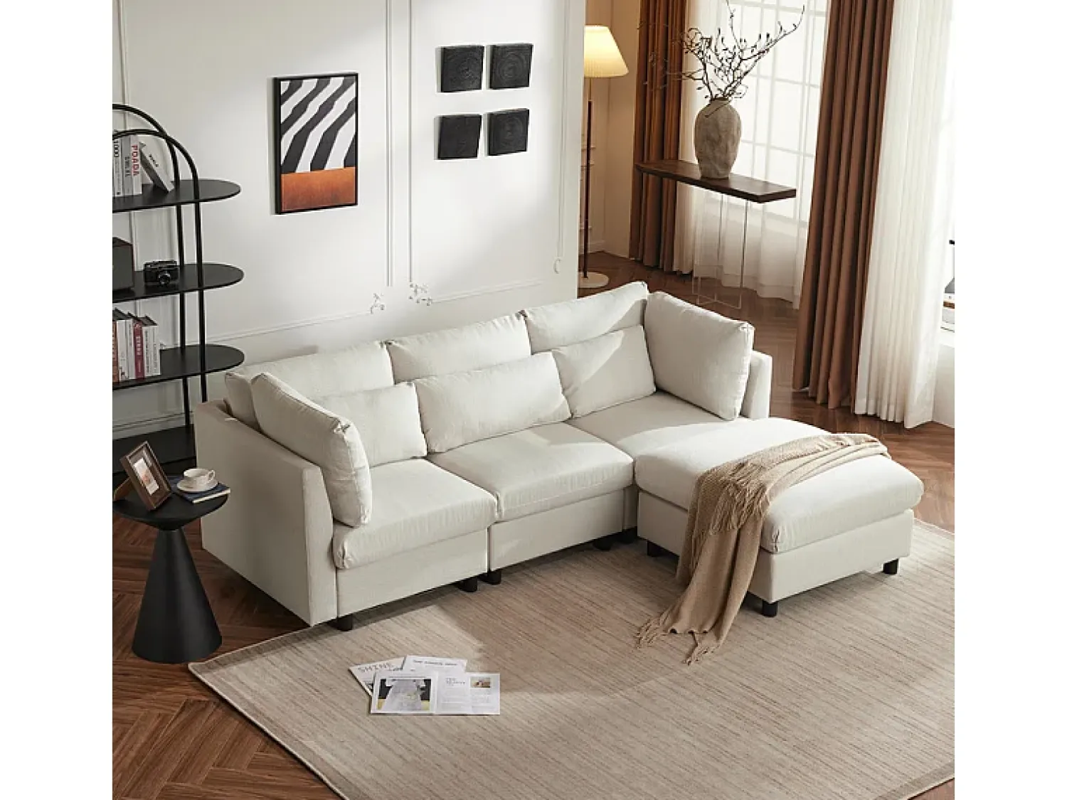Sofá|DripeX Sofá 3 lugares em tecido de linho, com puff, 3 almofadas lombares e 2 almofadas, 220x83x81cm, Bege