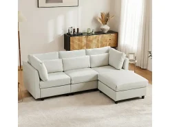 Sofá|DripeX Sofá 3 lugares em tecido de linho, com puff, 3 almofadas lombares e 2 almofadas, 220x83x81cm, Bege