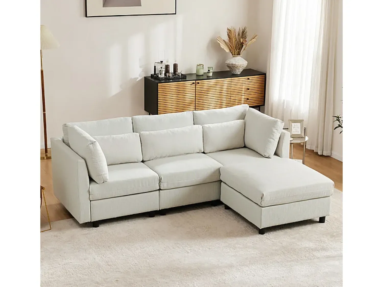 Sofá|DripeX Sofá 3 lugares em tecido de linho, com puff, 3 almofadas lombares e 2 almofadas, 220x83x81cm, Bege