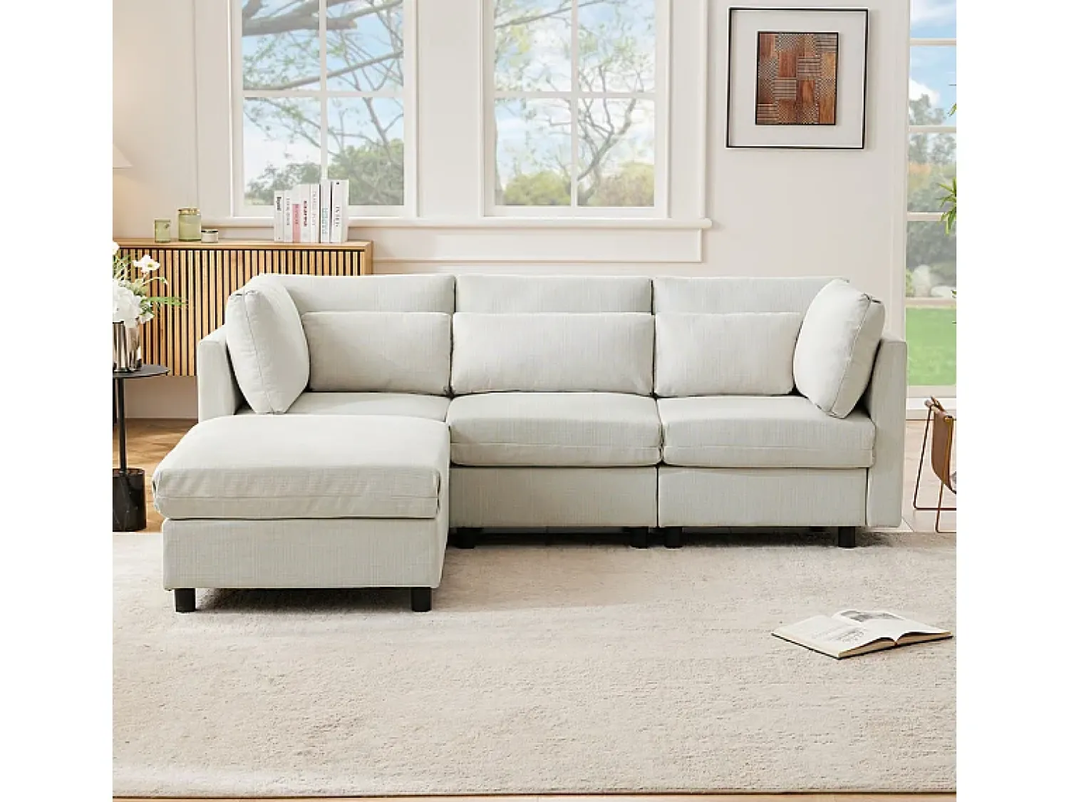 Sofá|DripeX Sofá 3 lugares em tecido de linho, com puff, 3 almofadas lombares e 2 almofadas, 220x83x81cm, Bege