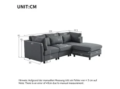 Sofá*DripeX Sofá 3 lugares em tecido de linho, com puff, 3 almofadas lombares e 2 almofadas, 220x83x81cm, Cinza Cinzento