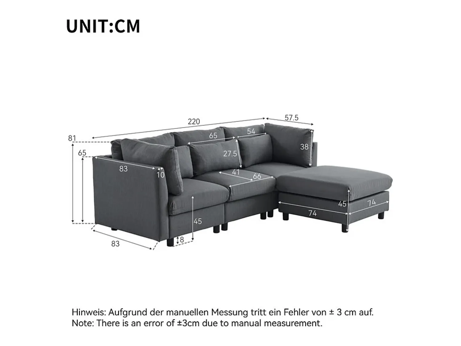 Sofá*DripeX Sofá 3 lugares em tecido de linho, com puff, 3 almofadas lombares e 2 almofadas, 220x83x81cm, Cinza Cinzento