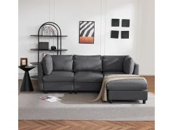 Sofá*DripeX Sofá 3 lugares em tecido de linho, com puff, 3 almofadas lombares e 2 almofadas, 220x83x81cm, Cinza Cinzento