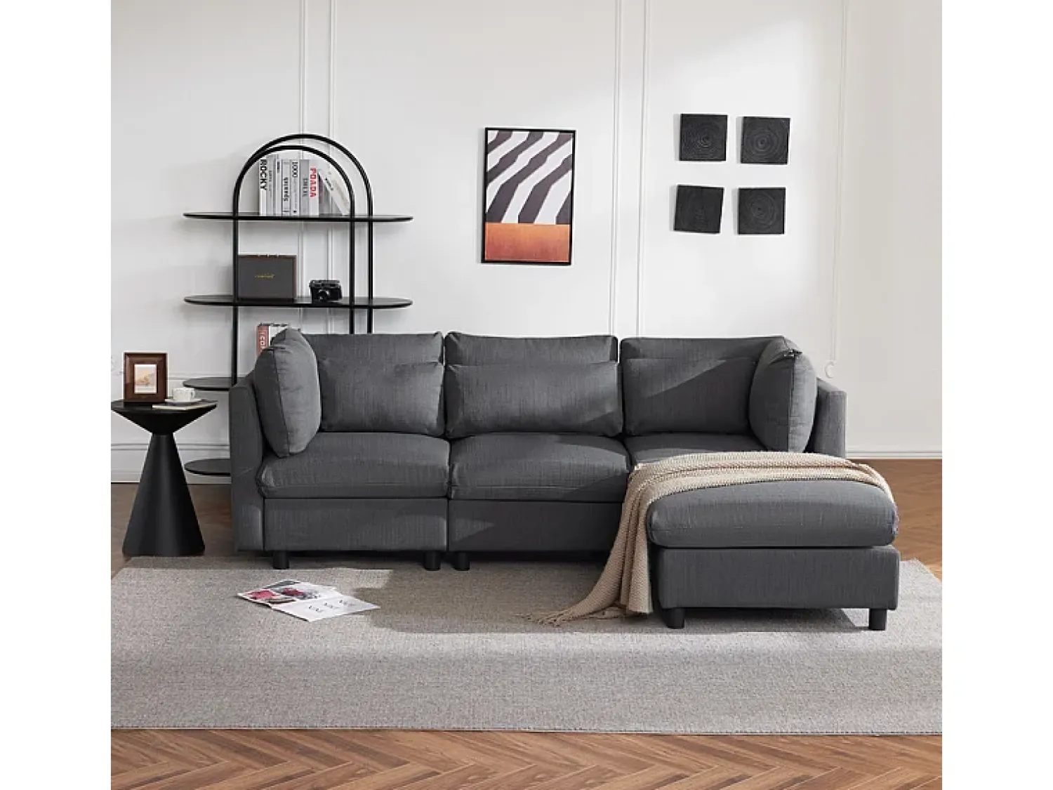 Sofá*DripeX Sofá 3 lugares em tecido de linho, com puff, 3 almofadas lombares e 2 almofadas, 220x83x81cm, Cinza Cinzento