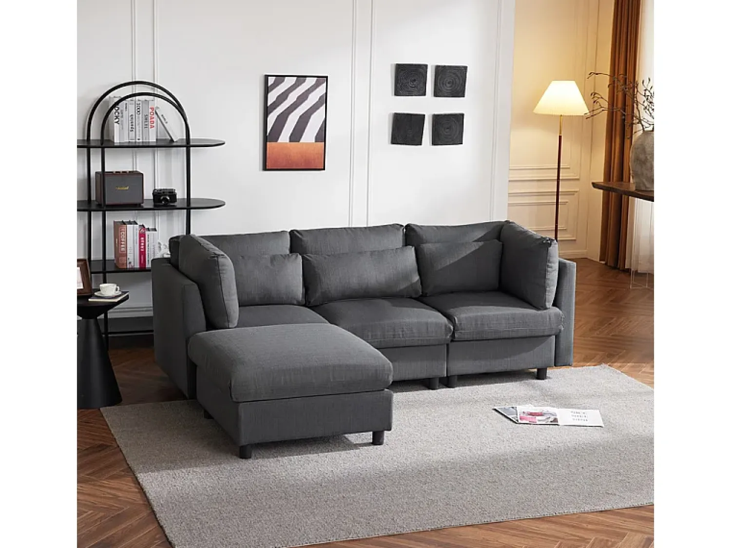 Sofá*DripeX Sofá 3 lugares em tecido de linho, com puff, 3 almofadas lombares e 2 almofadas, 220x83x81cm, Cinza Cinzento