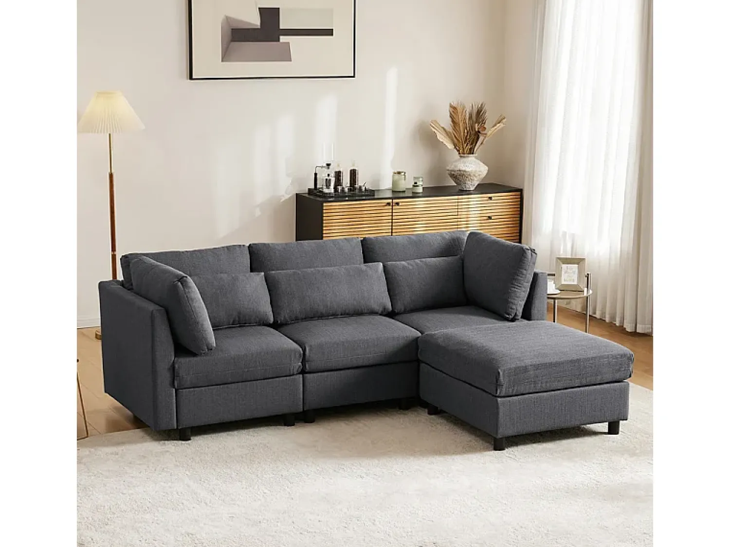 Sofá*DripeX Sofá 3 lugares em tecido de linho, com puff, 3 almofadas lombares e 2 almofadas, 220x83x81cm, Cinza Cinzento