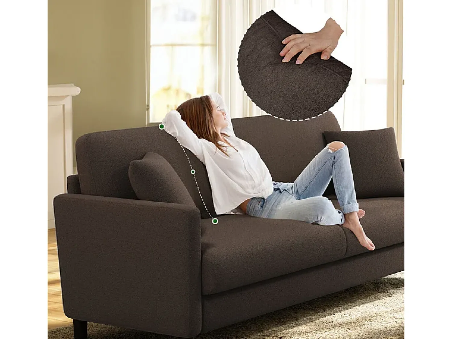 DripeX Sofá 2 lugares em tecido veludo teddy com 2 almofadas - Marrom - 148 x 89 x 79 cm^ Sofá