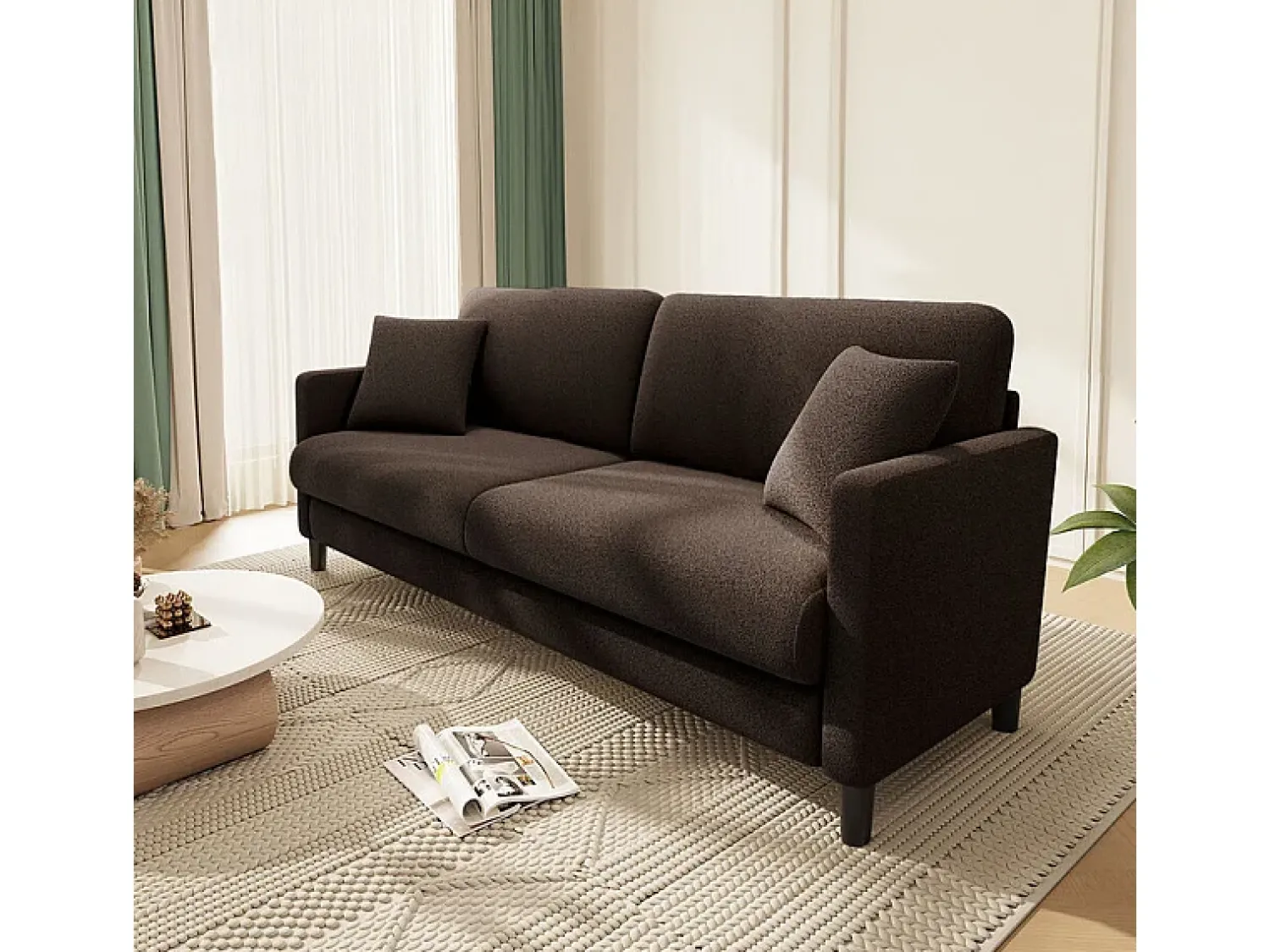 DripeX Sofá 2 lugares em tecido veludo teddy com 2 almofadas - Marrom - 148 x 89 x 79 cm^ Sofá