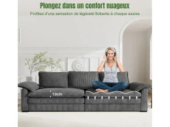 DripeX Sofá 3 lugares em veludo cotelê, com 2 almofadas de braço, removíveis e laváveis, 265x86x88cm, Cinza^ Sofá