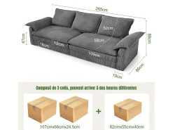 DripeX Sofá 3 lugares em veludo cotelê, com 2 almofadas de braço, removíveis e laváveis, 265x86x88cm, Cinza^ Sofá