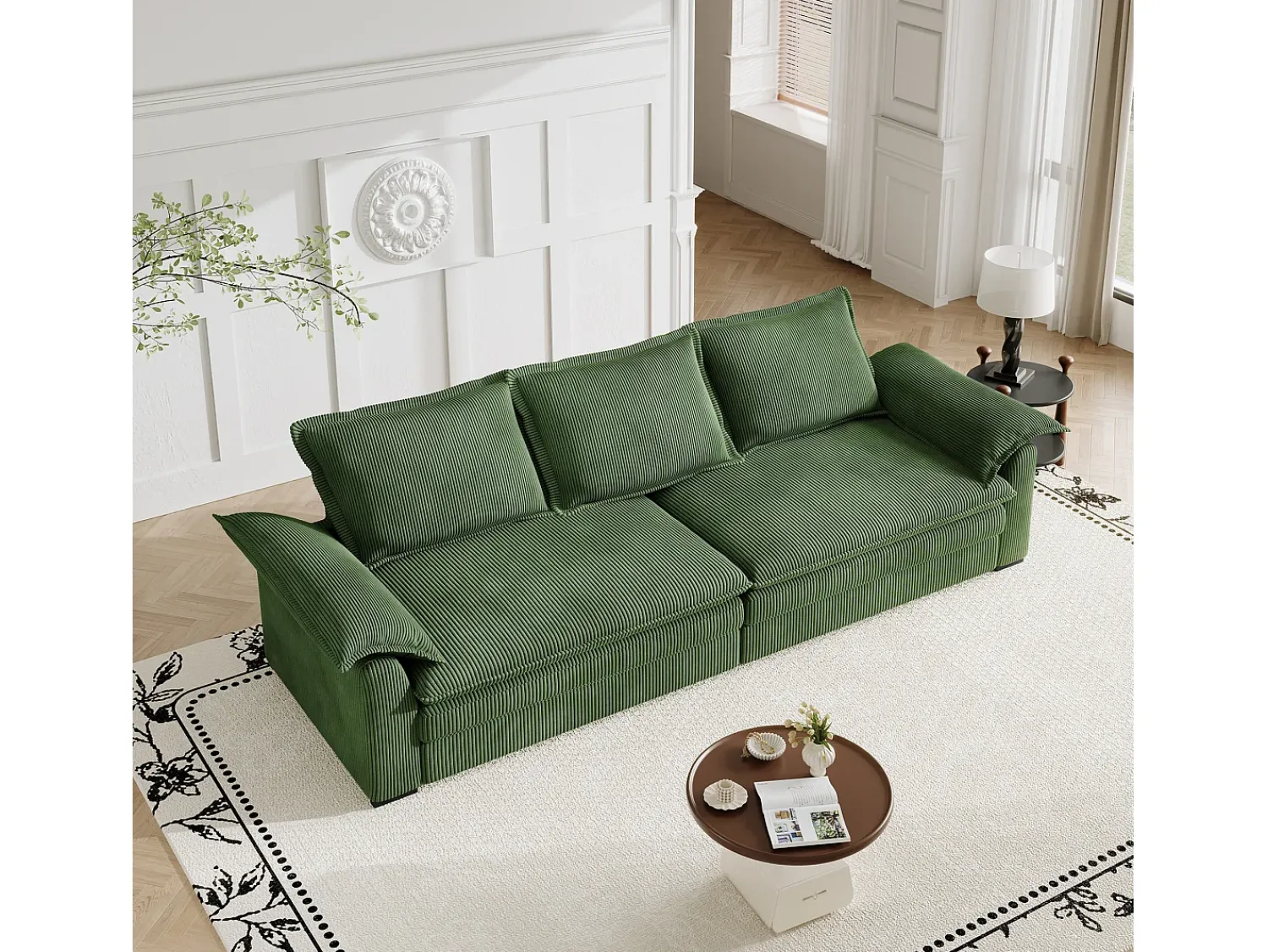 Sofá*DripeX Sofá 3 lugares em veludo cotelê, com 2 almofadas de braço, removíveis e laváveis, 265x86x88cm, Verde