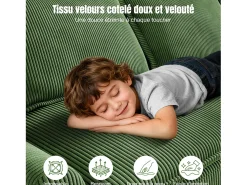 Sofá*DripeX Sofá 3 lugares em veludo cotelê, com 2 almofadas de braço, removíveis e laváveis, 265x86x88cm, Verde