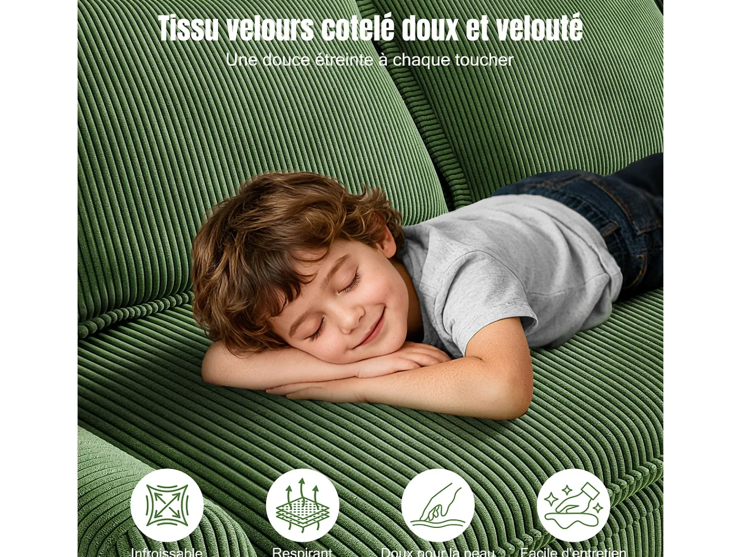 Sofá*DripeX Sofá 3 lugares em veludo cotelê, com 2 almofadas de braço, removíveis e laváveis, 265x86x88cm, Verde