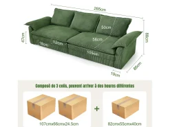 Sofá*DripeX Sofá 3 lugares em veludo cotelê, com 2 almofadas de braço, removíveis e laváveis, 265x86x88cm, Verde