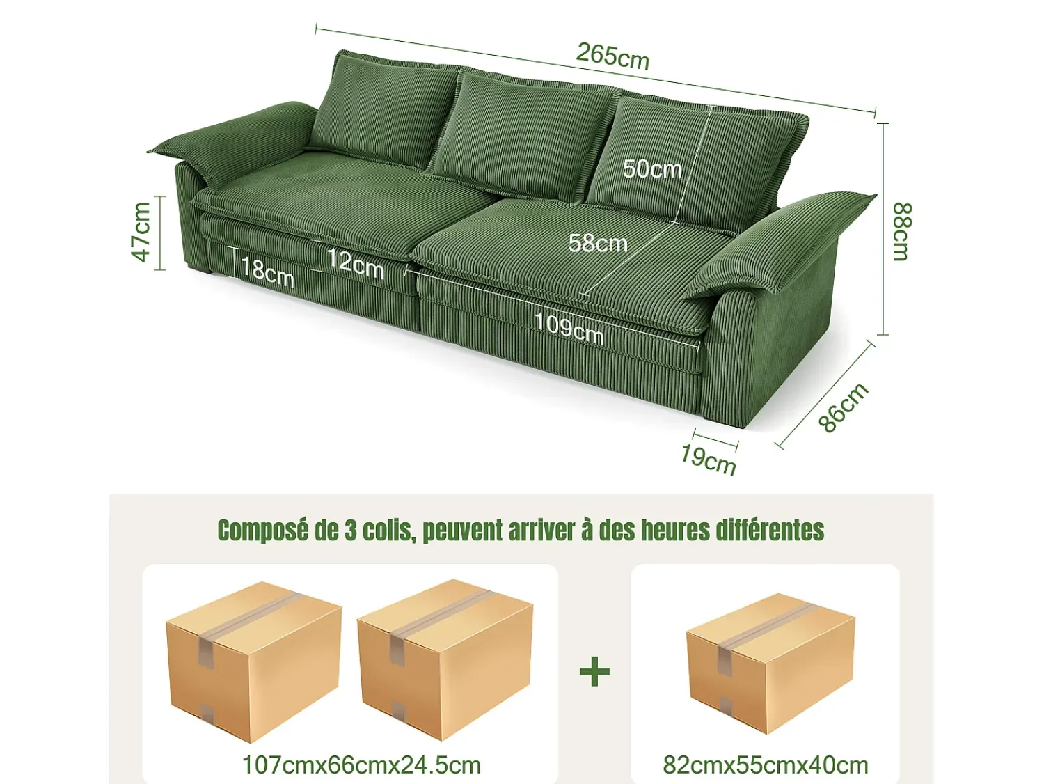 Sofá*DripeX Sofá 3 lugares em veludo cotelê, com 2 almofadas de braço, removíveis e laváveis, 265x86x88cm, Verde