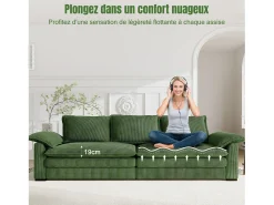 Sofá*DripeX Sofá 3 lugares em veludo cotelê, com 2 almofadas de braço, removíveis e laváveis, 265x86x88cm, Verde