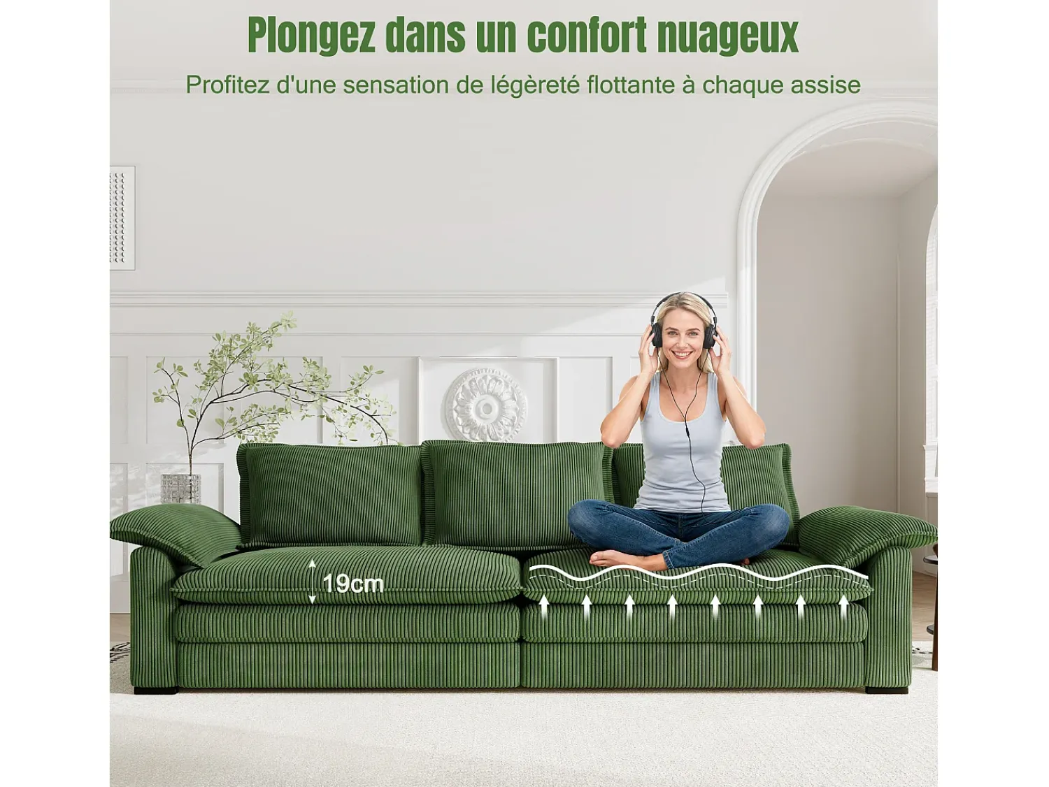 Sofá*DripeX Sofá 3 lugares em veludo cotelê, com 2 almofadas de braço, removíveis e laváveis, 265x86x88cm, Verde