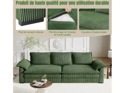 Sofá*DripeX Sofá 3 lugares em veludo cotelê, com 2 almofadas de braço, removíveis e laváveis, 265x86x88cm, Verde