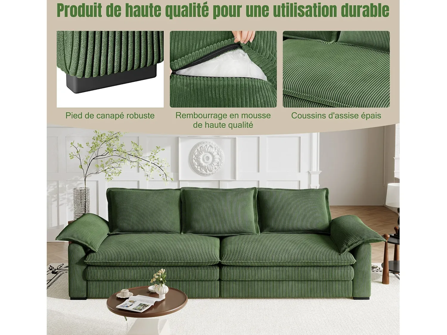 Sofá*DripeX Sofá 3 lugares em veludo cotelê, com 2 almofadas de braço, removíveis e laváveis, 265x86x88cm, Verde
