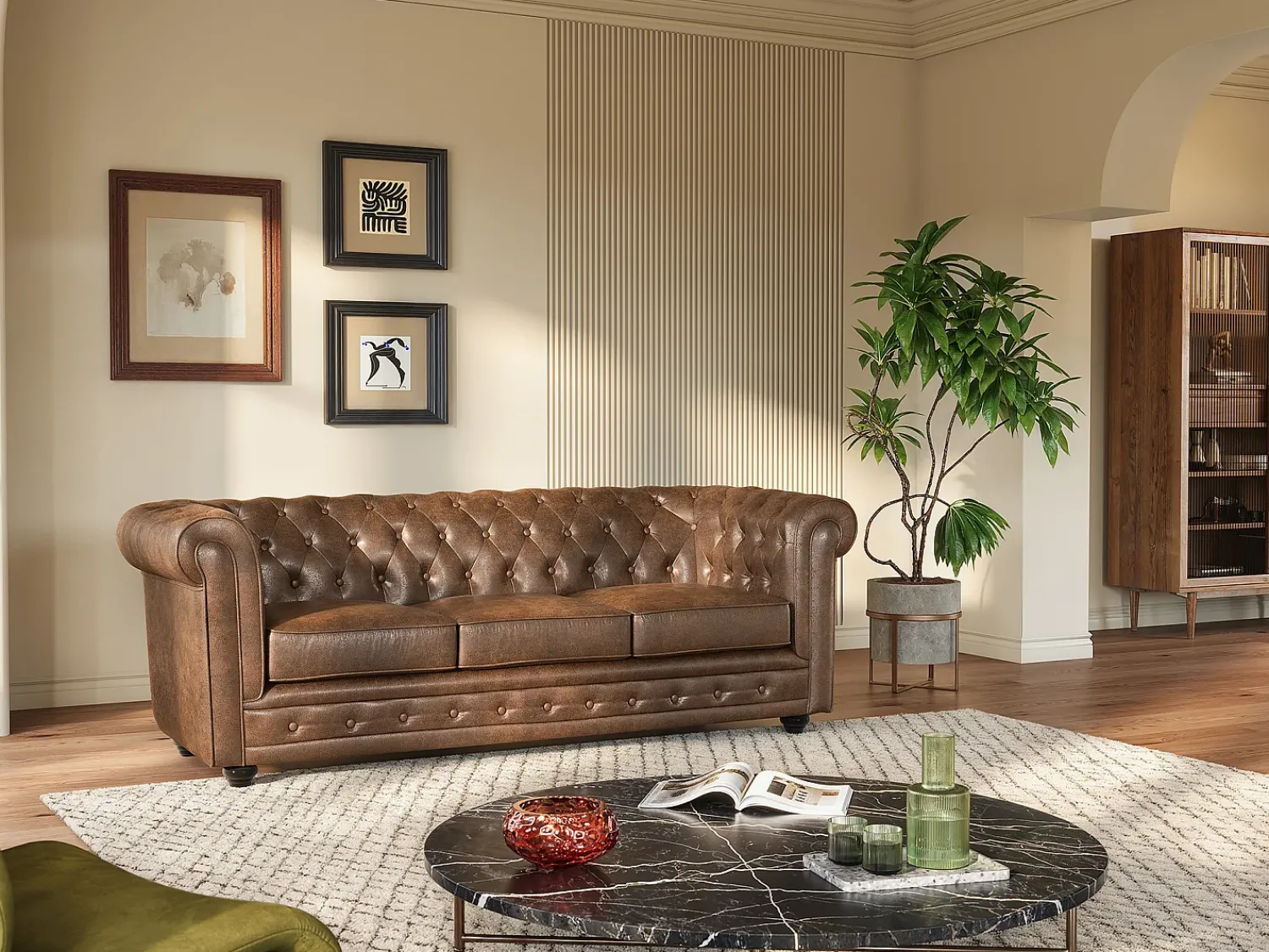 Sofá*Vente-unique Sofá 3 lugares microfibra aspeto envelhecido CHESTERFIELD Castanho