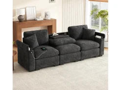 Sofá|ModernLuxe Sofá 3 lugares moderno - con almofadas e mesa dobrável - inclui portas USB e porta-copos - tecido de chenille - cinza Cinzento