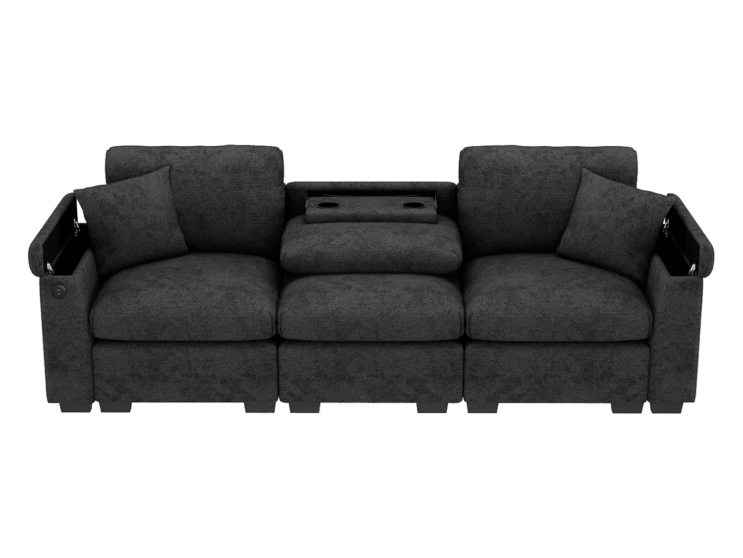 Sofá|ModernLuxe Sofá 3 lugares moderno - con almofadas e mesa dobrável - inclui portas USB e porta-copos - tecido de chenille - cinza Cinzento