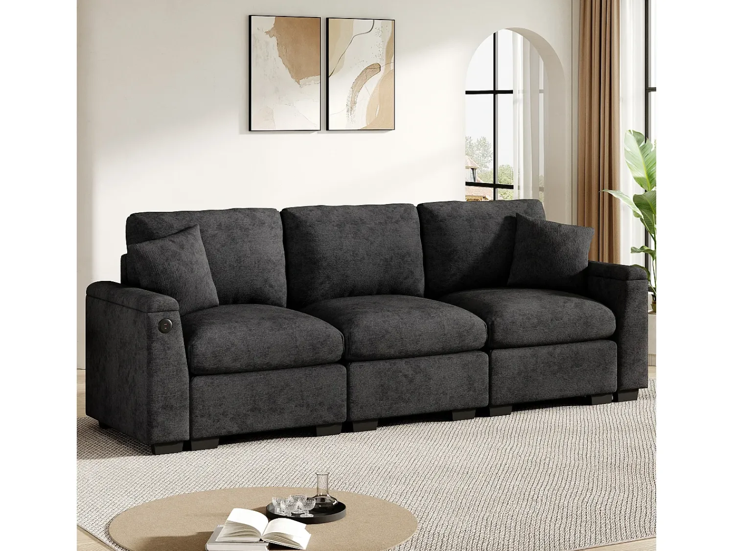 Sofá|ModernLuxe Sofá 3 lugares moderno - con almofadas e mesa dobrável - inclui portas USB e porta-copos - tecido de chenille - cinza Cinzento