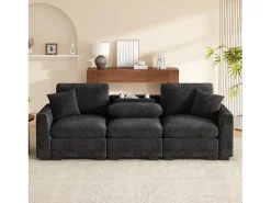 Sofá|ModernLuxe Sofá 3 lugares moderno - con almofadas e mesa dobrável - inclui portas USB e porta-copos - tecido de chenille - cinza Cinzento