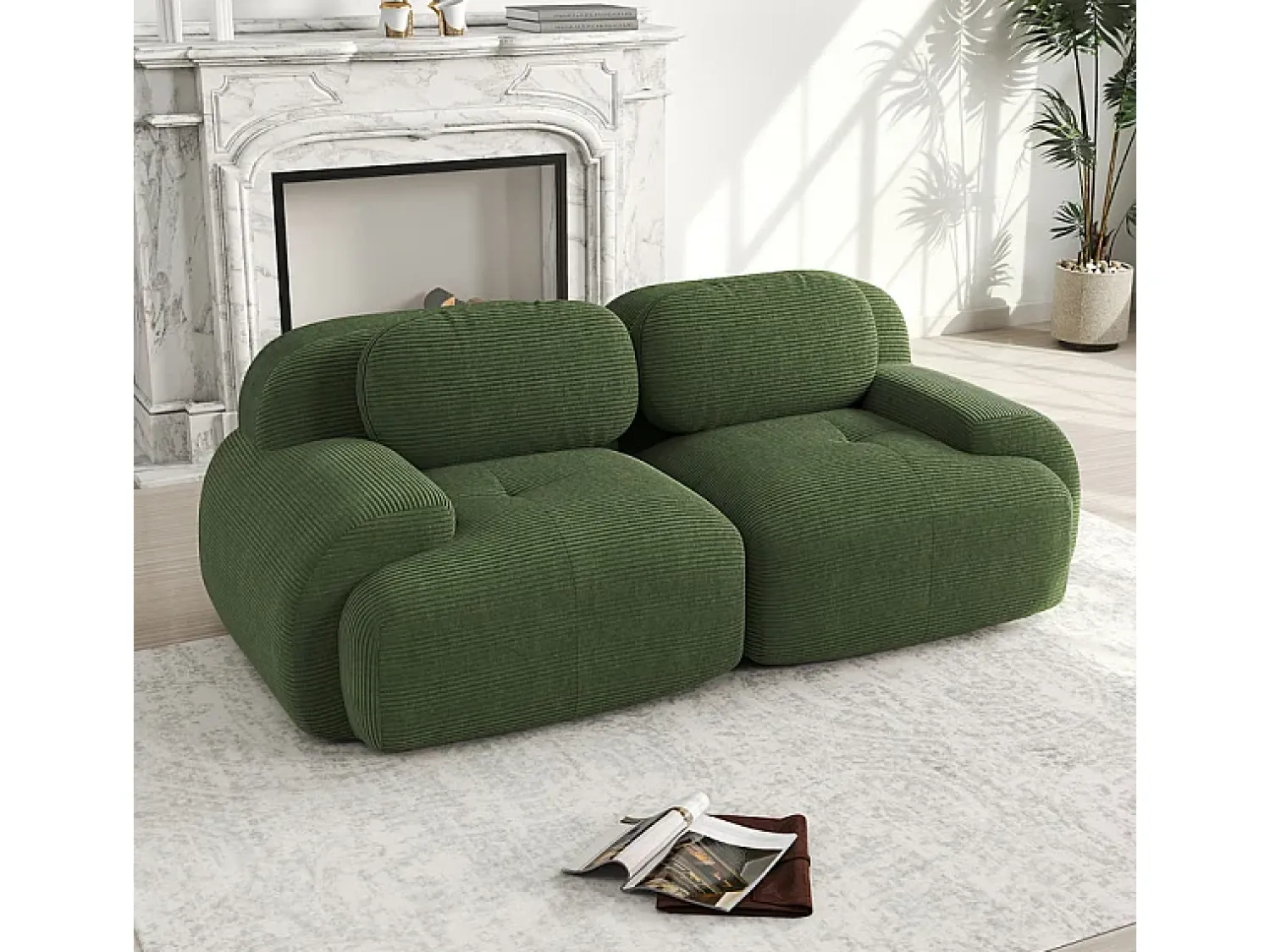 Sofá|DripeX Sofá 2 Lugares Modular de Veludo Cannelado - com 2 Almofadas - 208x103x75cm - Verde