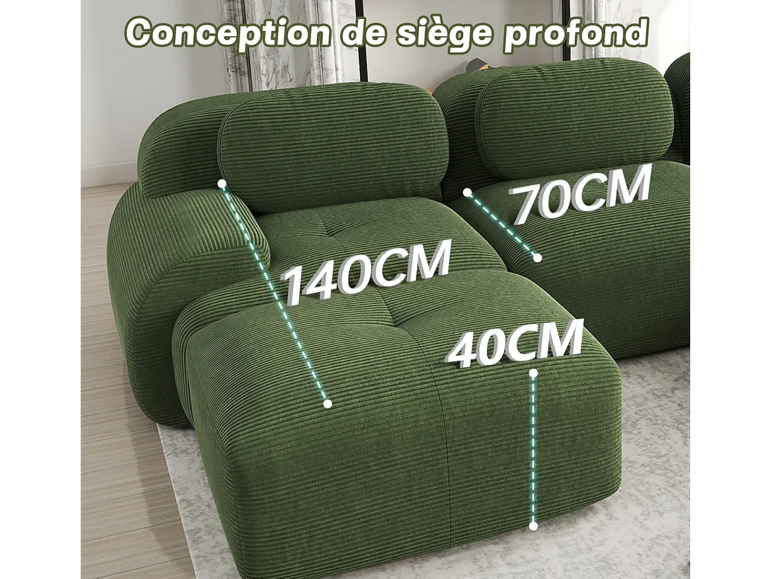 Sofá|DripeX Sofá 2 Lugares Modular de Veludo Cannelado - com 2 Almofadas - 208x103x75cm - Verde