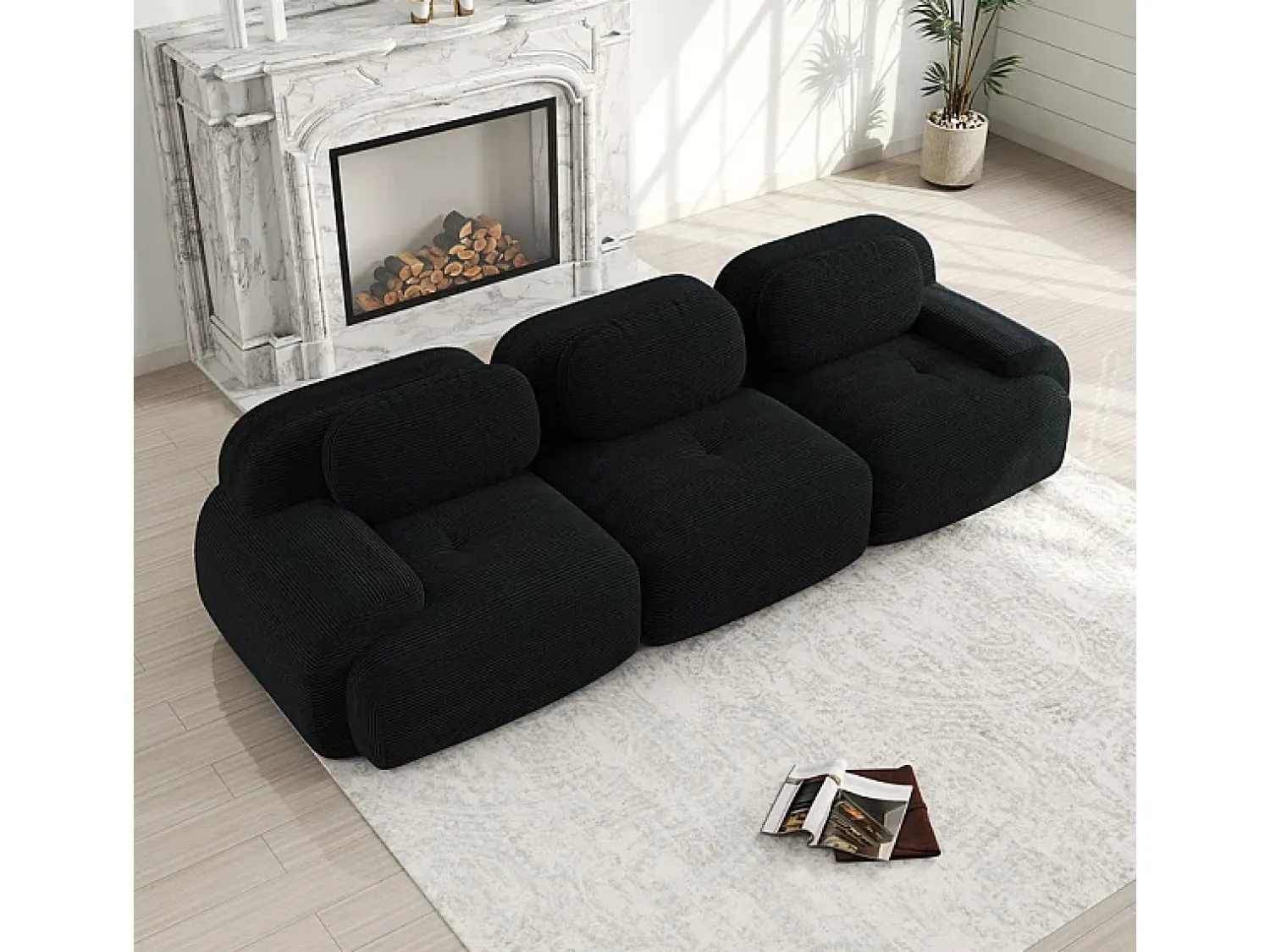 Clearance Sofá 3 Lugares Modular de Veludo Cannelado - com 3 Almofadas - 298x103x75cm - Preto