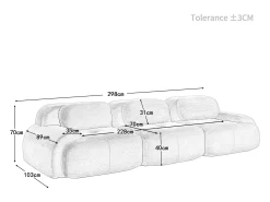 Sofá 3 Lugares Modular de Veludo Cannelado - com 3 Almofadas - 298x103x75cm - Bege