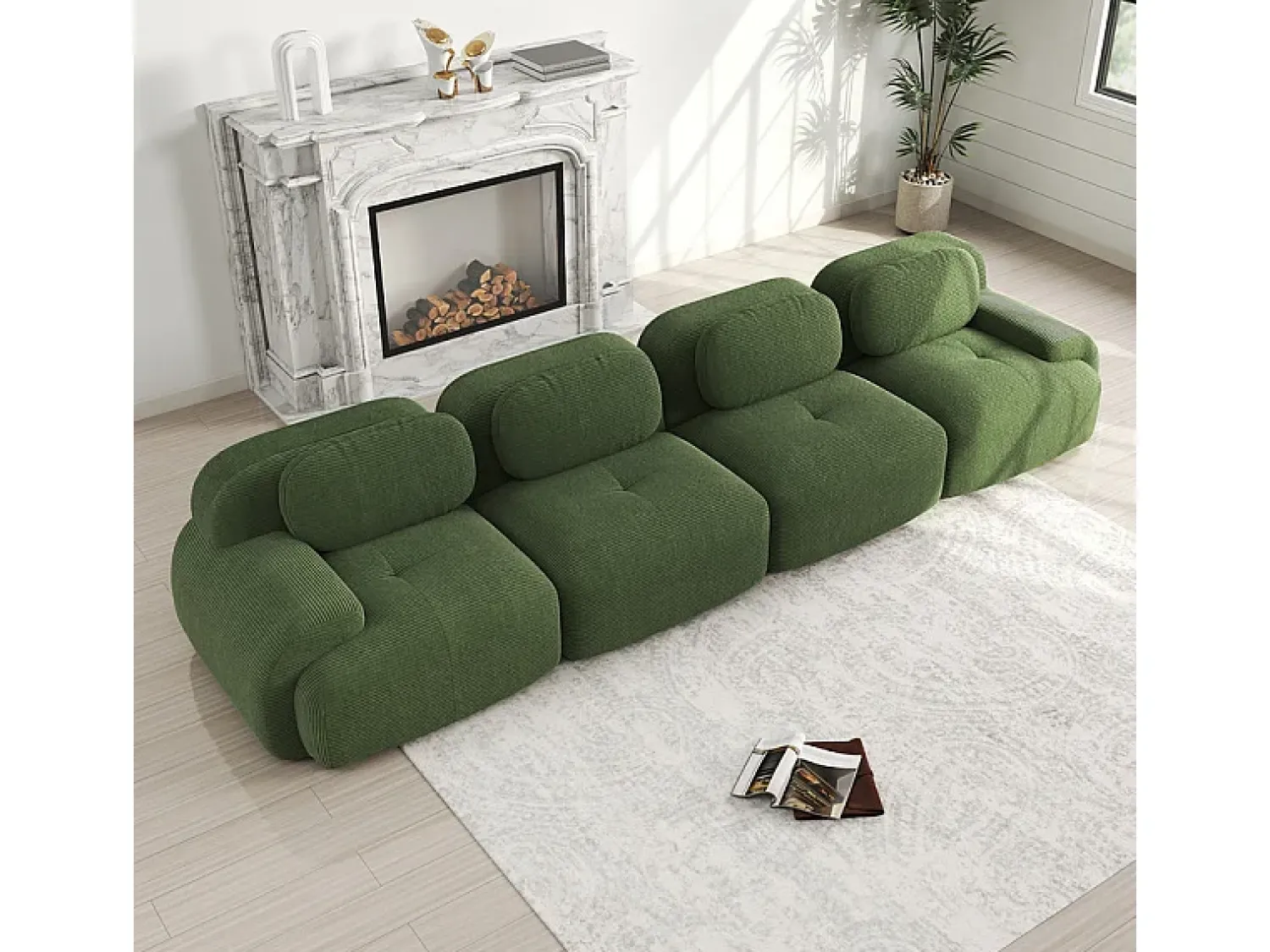 Hot Sofá 4 Lugares Modular de Veludo Cannelado - com 4 Almofadas - 388x103x75cm - Verde