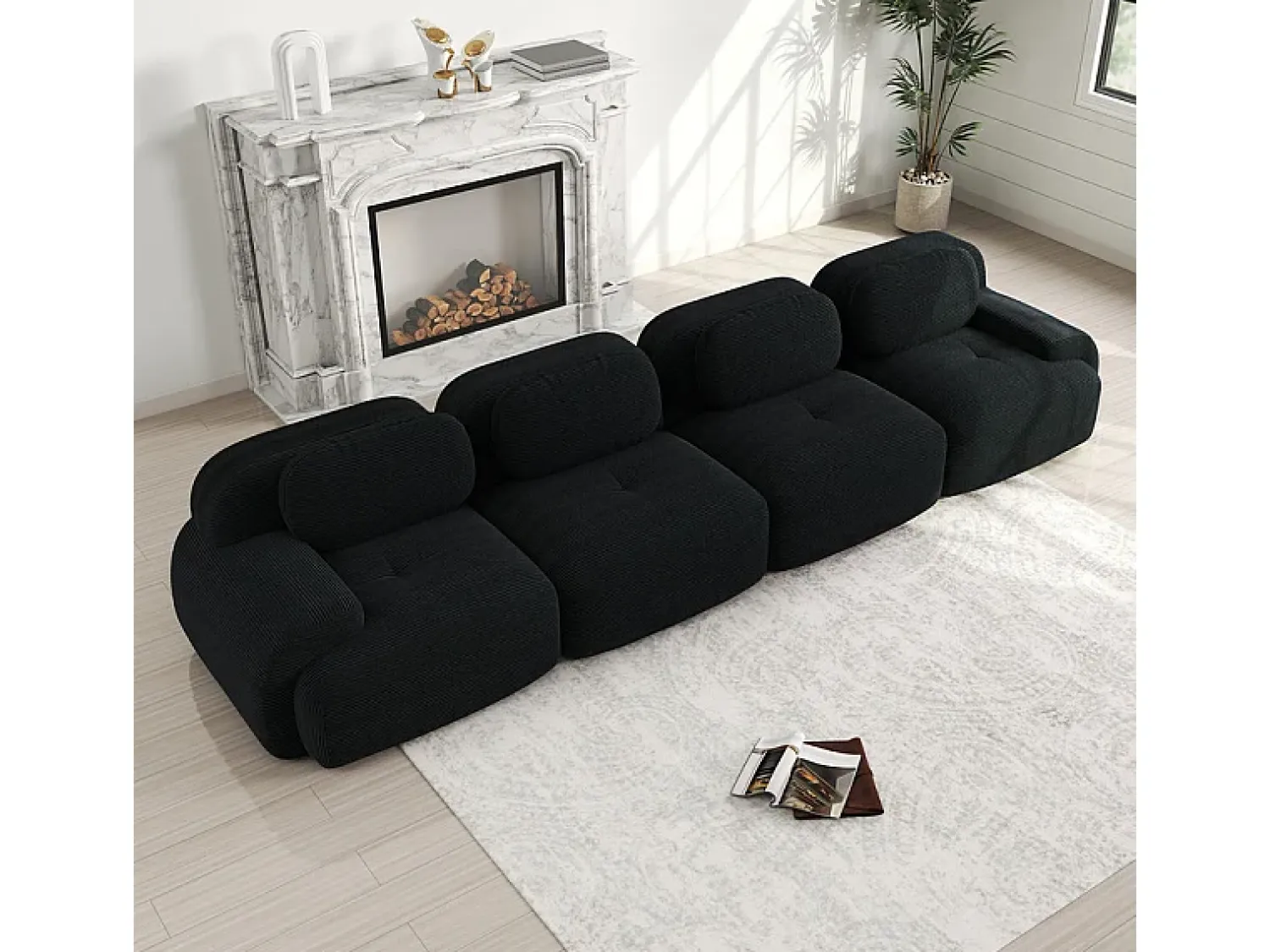 Sofá* Sofá 4 Lugares Modular de Veludo Cannelado - com 4 Almofadas - 388x103x75cm - Preto