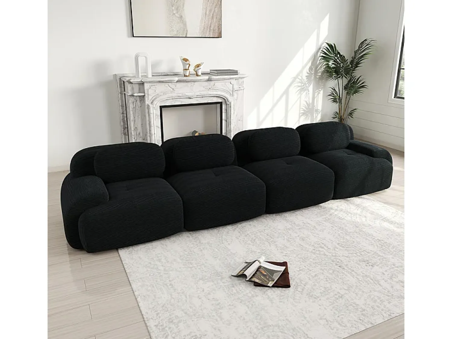 Sofá* Sofá 4 Lugares Modular de Veludo Cannelado - com 4 Almofadas - 388x103x75cm - Preto