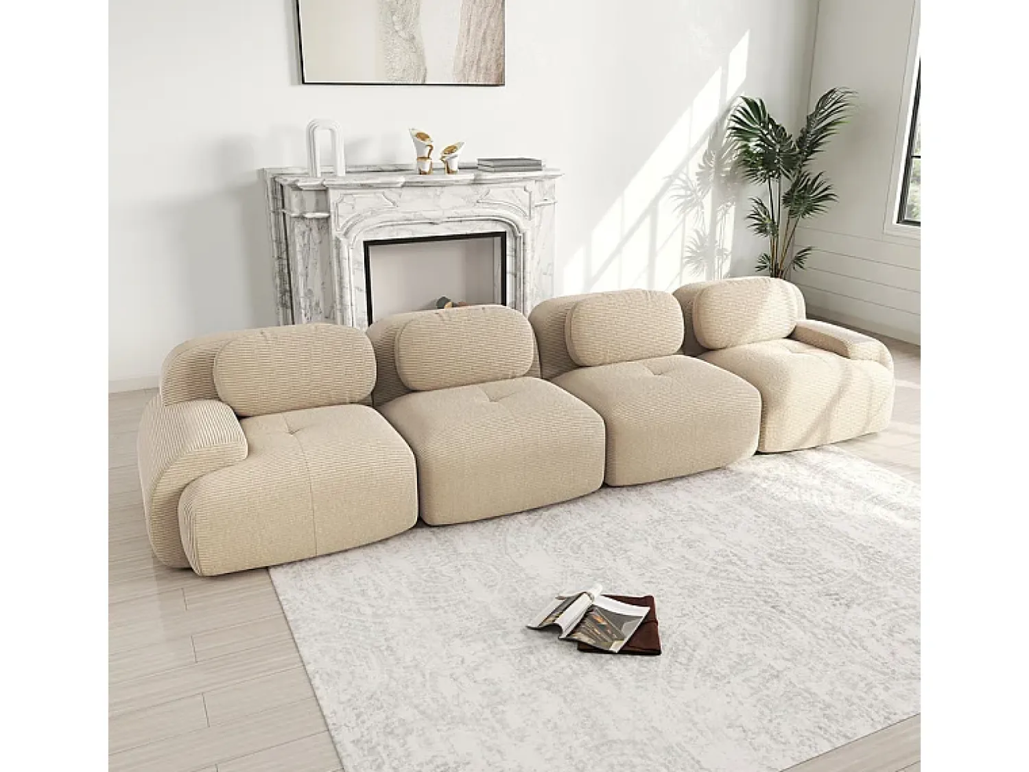 Sofá* Sofá 4 Lugares Modular de Veludo Cannelado - com 4 Almofadas - 388x103x75cm - Bege