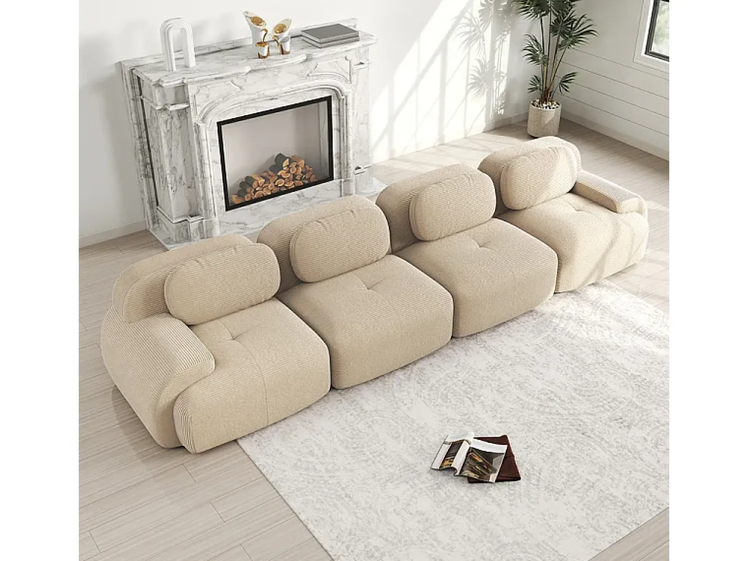 Sofá* Sofá 4 Lugares Modular de Veludo Cannelado - com 4 Almofadas - 388x103x75cm - Bege