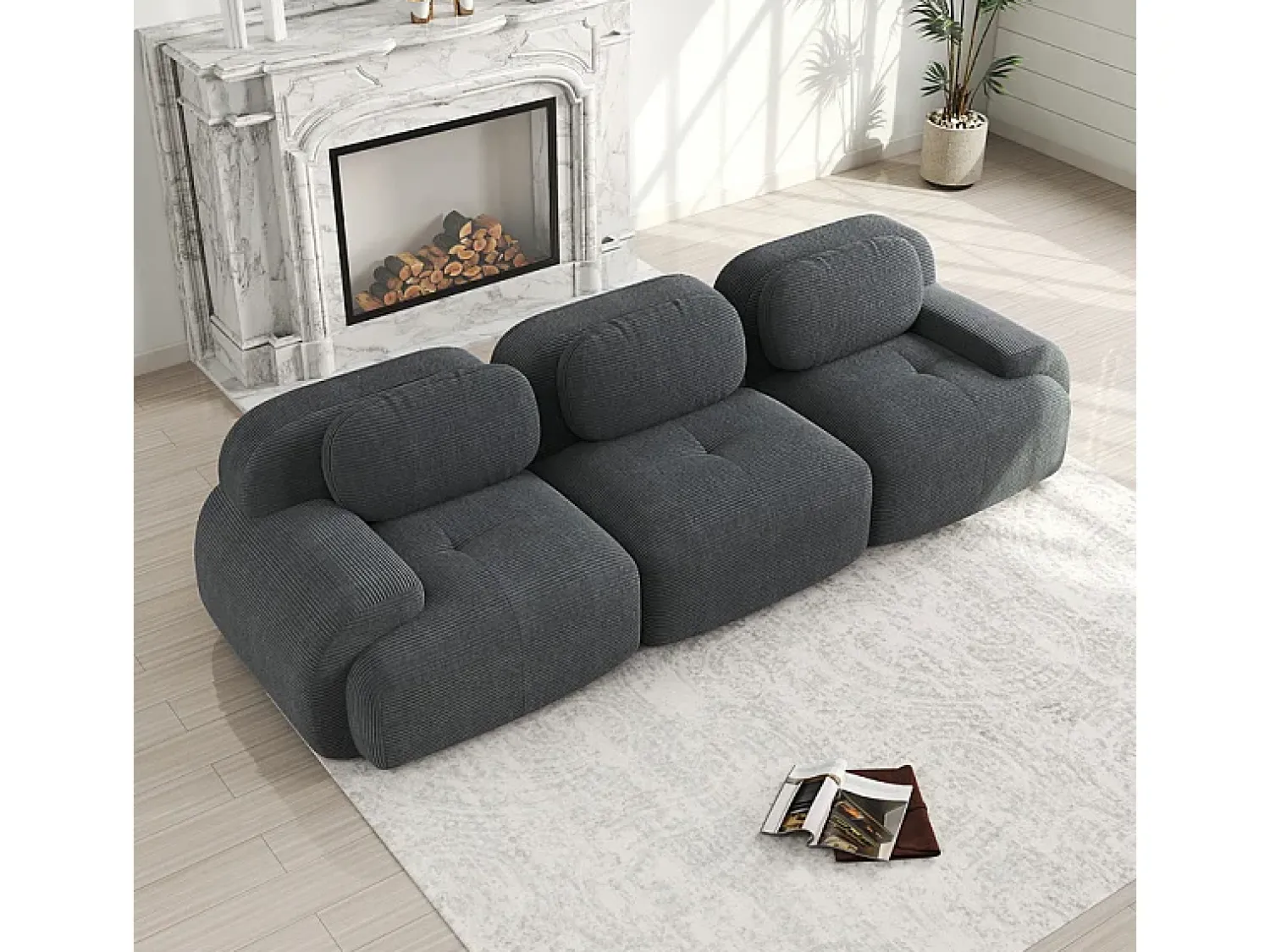 Sofá 3 Lugares Modular de Veludo Cannelado - com 3 Almofadas - 298x103x75cm - Cinza^ Sofá