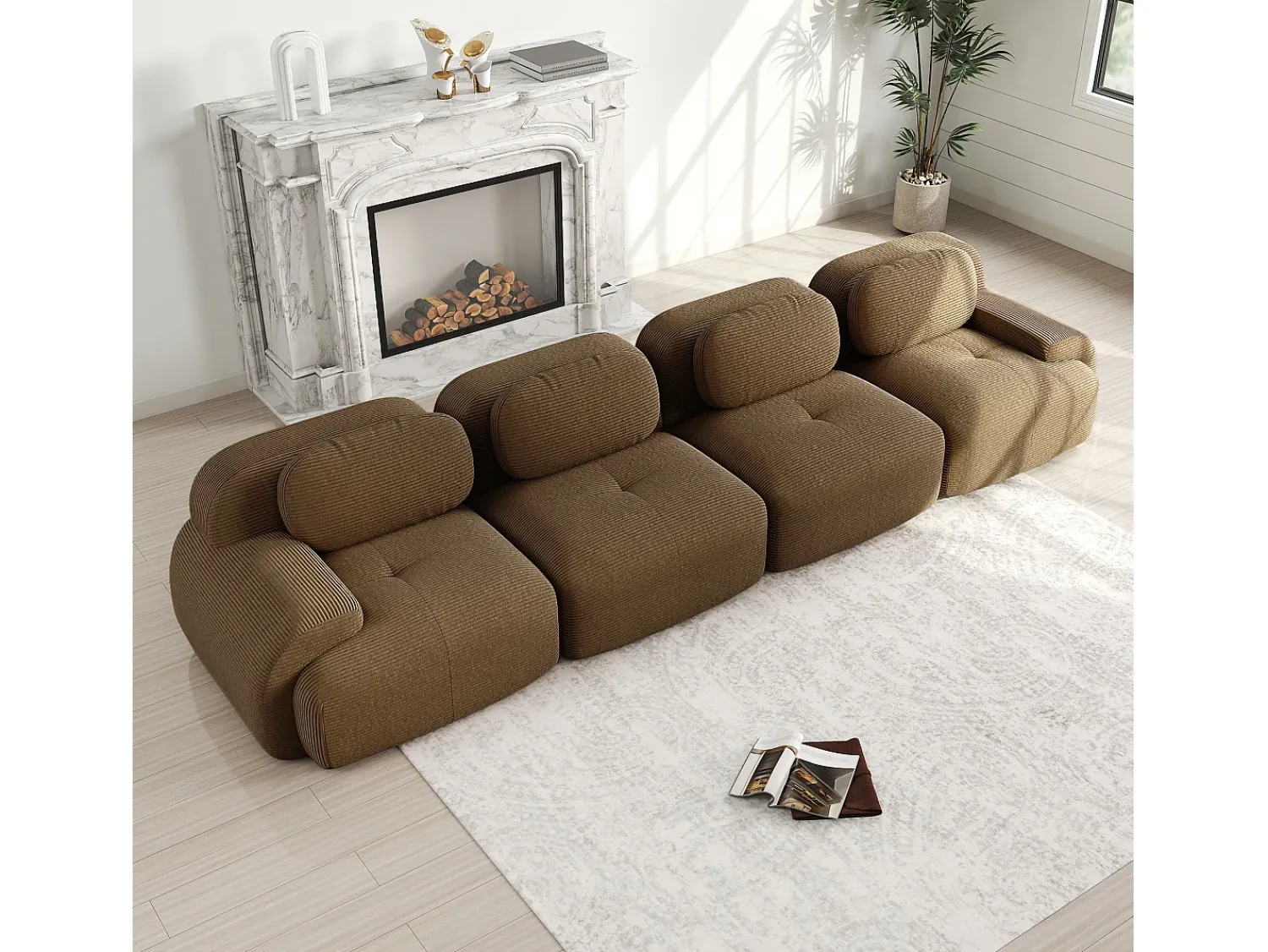 DripeX Sofá 4 lugares modular em Veludo cotelê - com 4 almofadas - 388x103x75cm - Marrom^ Sofá