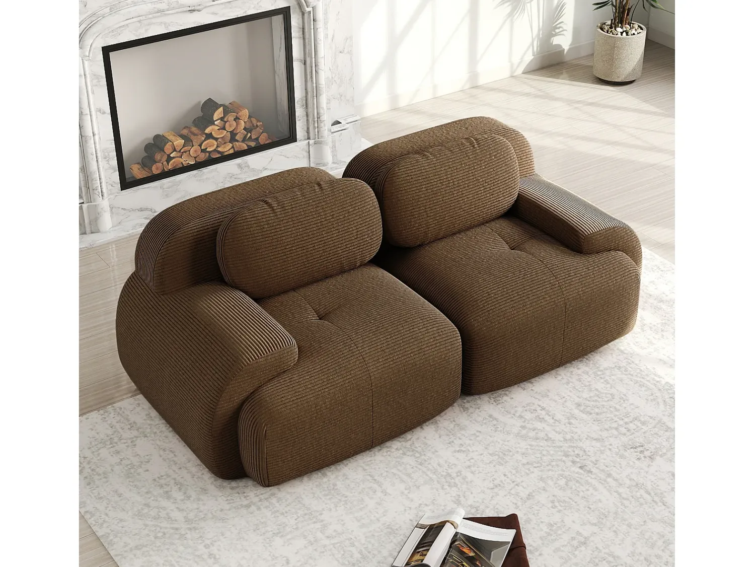 Sofá*DripeX Sofá 2 lugares modular em Veludo cotelê - com 2 almofadas - 208x103x70cm - Marrom Castanho