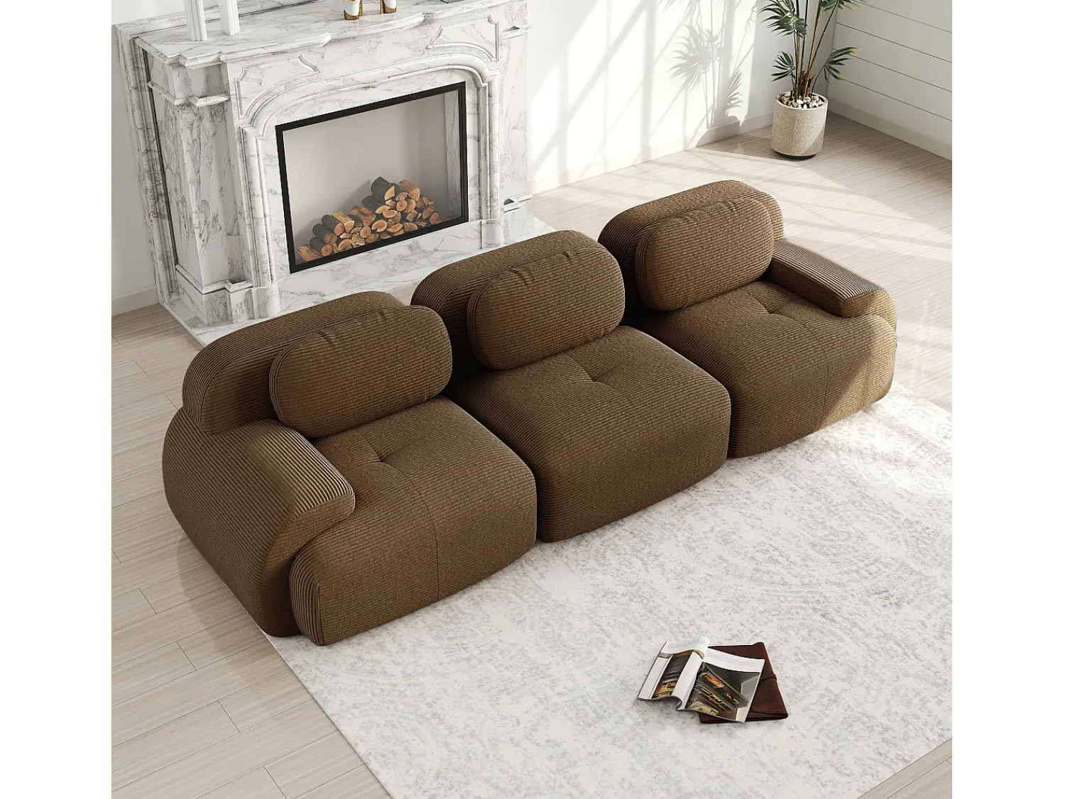 DripeX Sofá 3 lugares modular em Veludo cotelê - com 3 almofadas - 298x103x70cm - Marrom^ Sofá