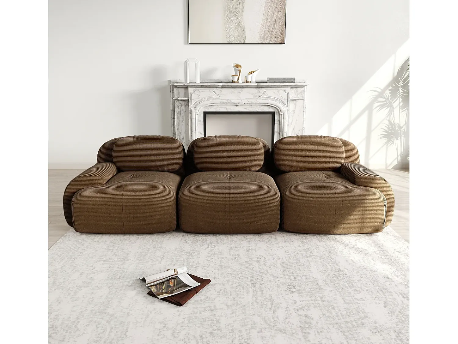 DripeX Sofá 3 lugares modular em Veludo cotelê - com 3 almofadas - 298x103x70cm - Marrom^ Sofá