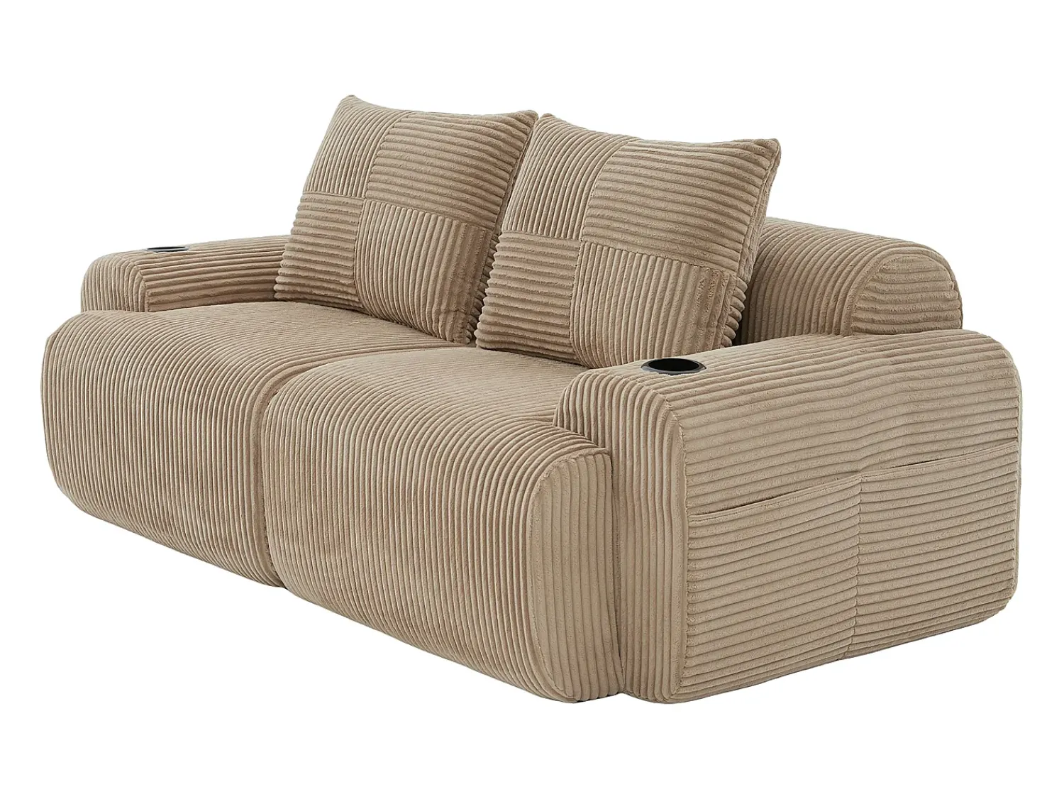 Sofá*DripeX Sofá 2 lugares modular veludo canelado, porta-copos e bolso lateral, 200x99x80cm, Cáqui Caqui
