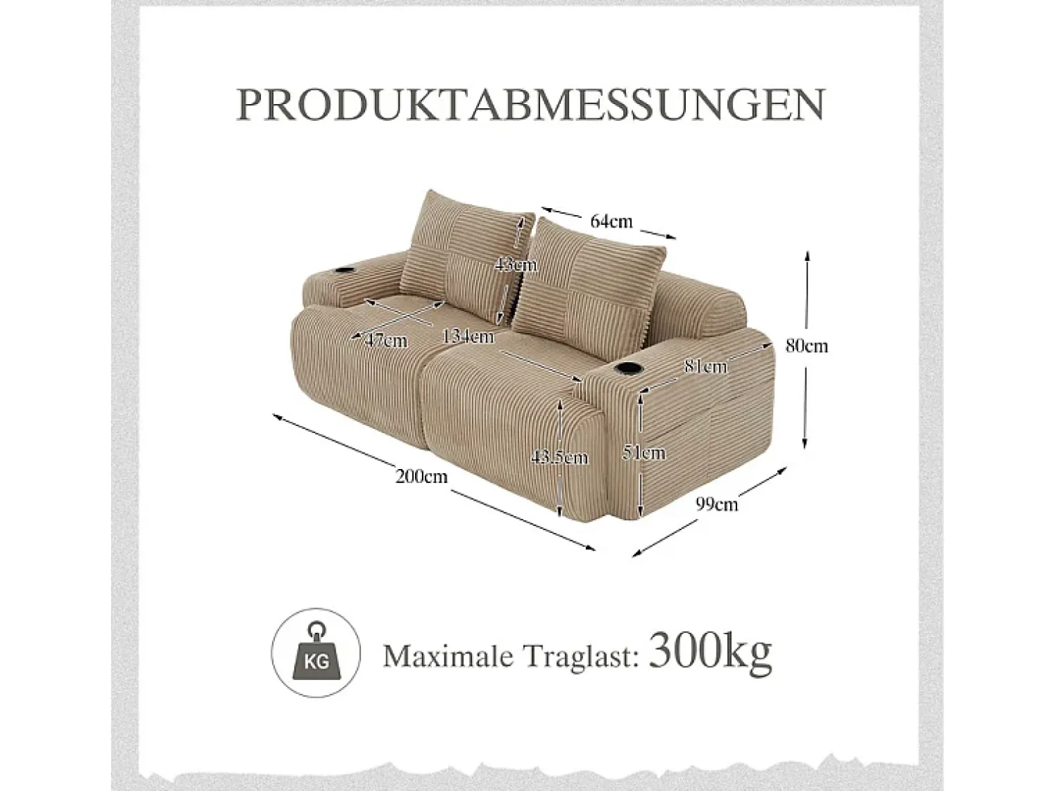 Sofá*DripeX Sofá 2 lugares modular veludo canelado, porta-copos e bolso lateral, 200x99x80cm, Cáqui Caqui