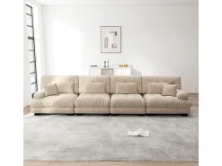 Sale DripeX Sofá 4 lugares tecido pelúcia - com 6 almofadas - estrutura madeira maciça - 406x77x81cm Bege